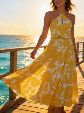 Marciano Yellow White Floral Halter Maxi Dress Belted Size S